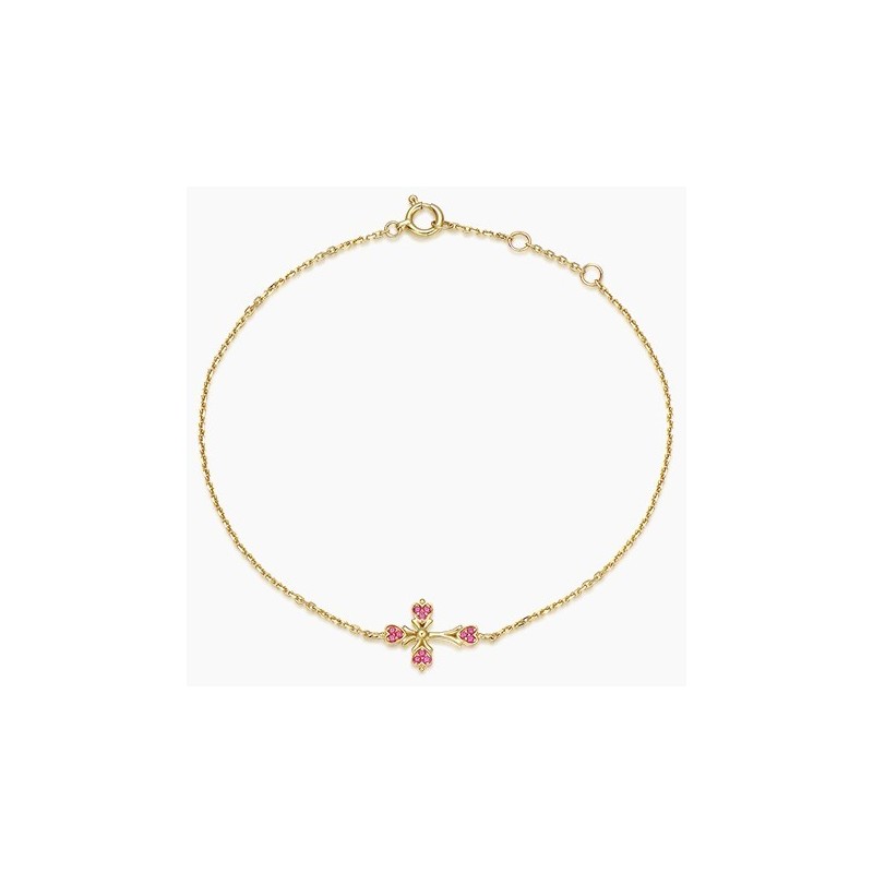 Bracelet Croix Or jaune 18 carats Spinelle Rose | Djoline Joailliers